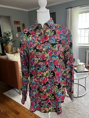 Diane Gilman 100% Silk Blouse Floral Women’s Size Medium Multicolor Art To Wear